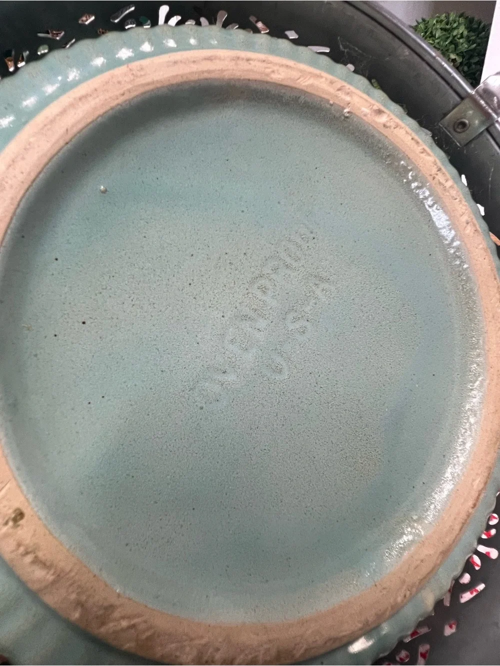 Vintage oven proof USA stoneware dish with metal holder grandma core cookware